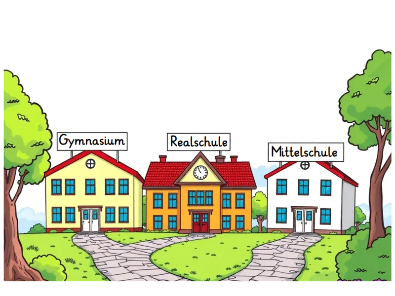 3 Schulgebäude an einer Weggabelung.
