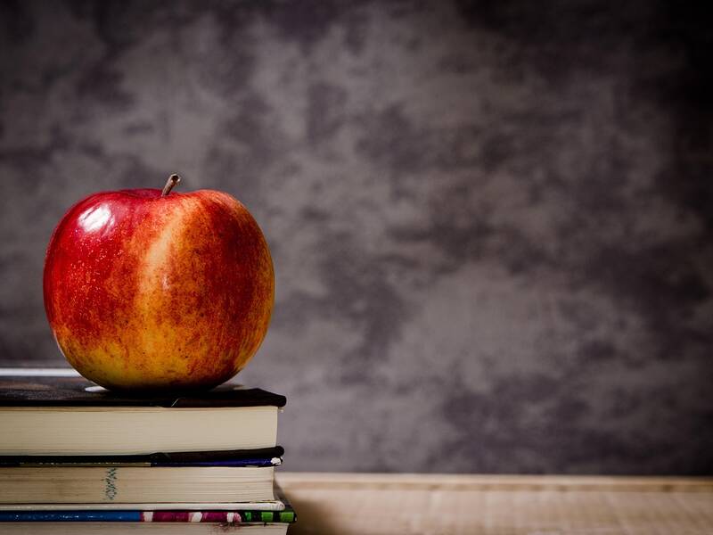 Apfel auf einem Stapel Bücher vor einer Kreidetafel.