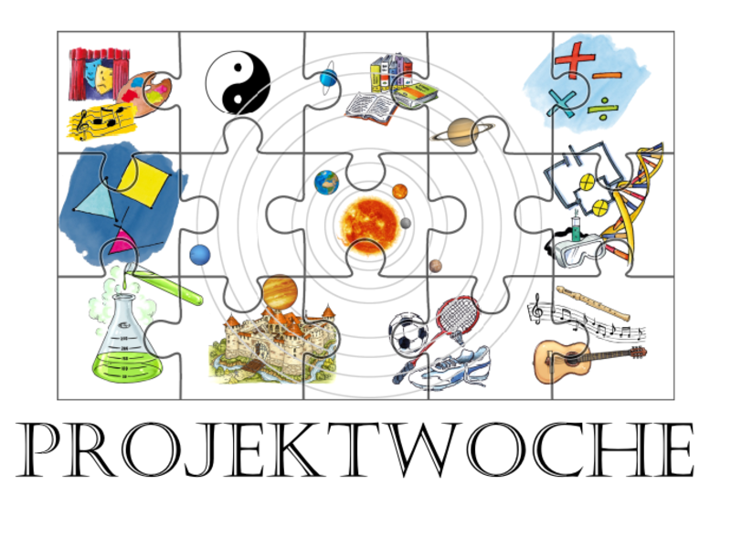 Puzzle mit Logos einzelner Schulfächer und dem Schriftzug Projektwoche.