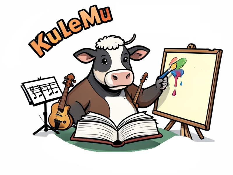 Kuh mit Buch,  Staffelei und Instrumenten vor sich. Darüber der Schriftzug KuLeMu.